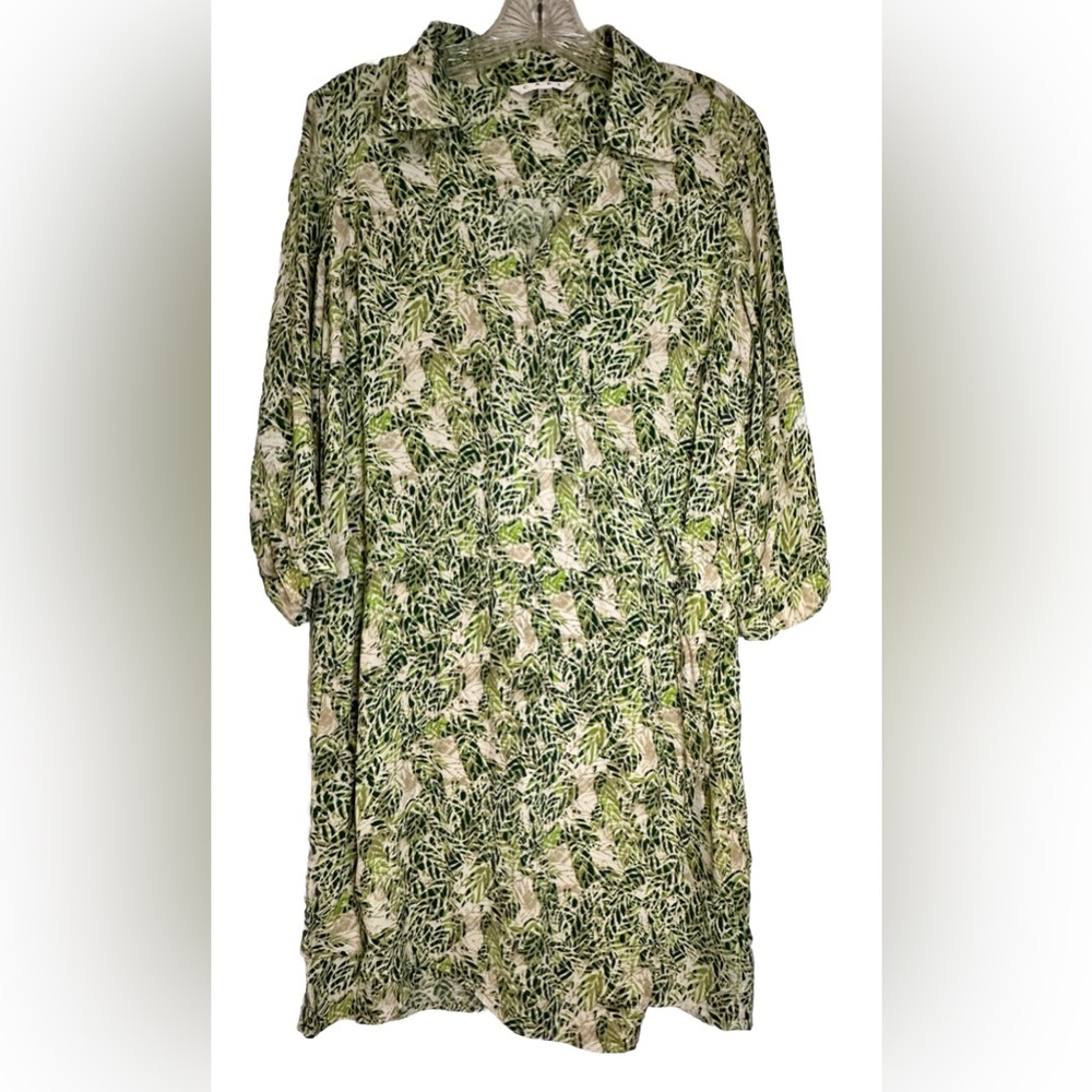 CAbi Faux Wrap Dress Green Tan Hawaiian Tropical Floral Leaf Boho Indie Sz Small